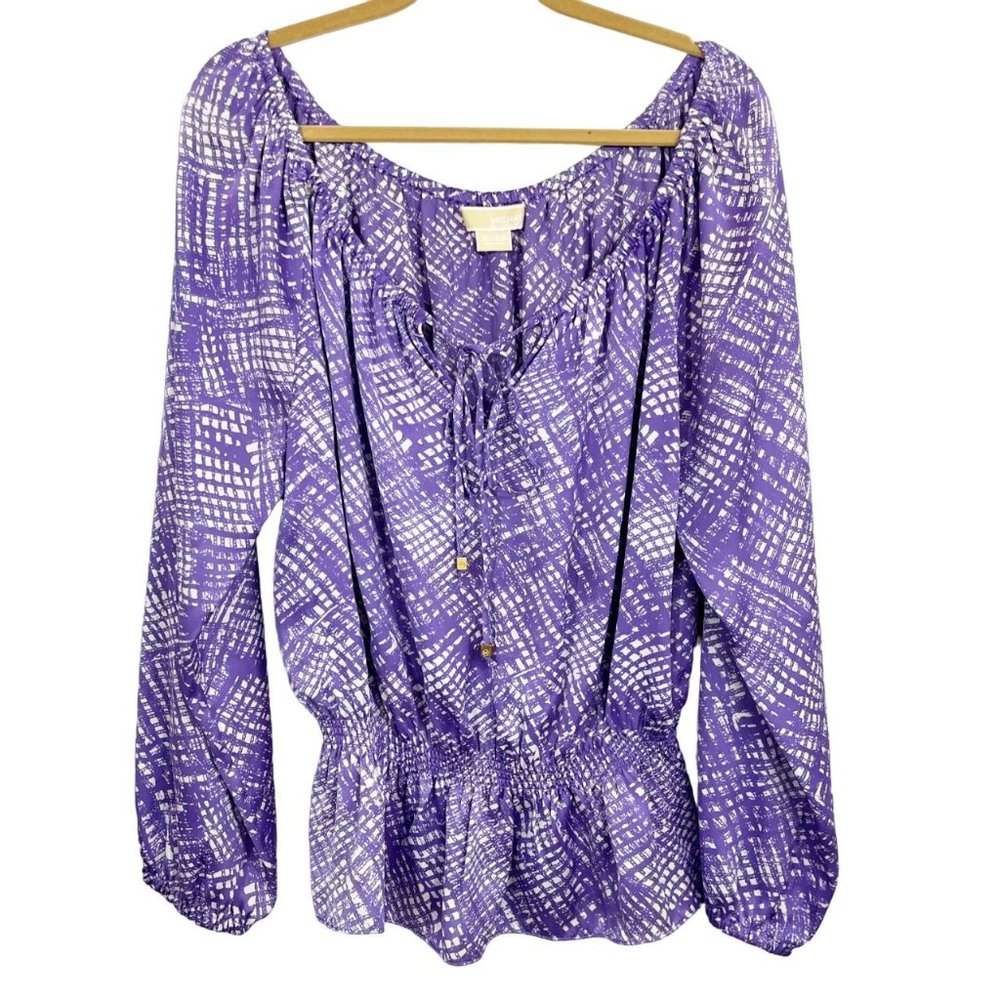 MICHAEL Michael Kors Purple & White Print Long Sleeve Blouse - Size XL